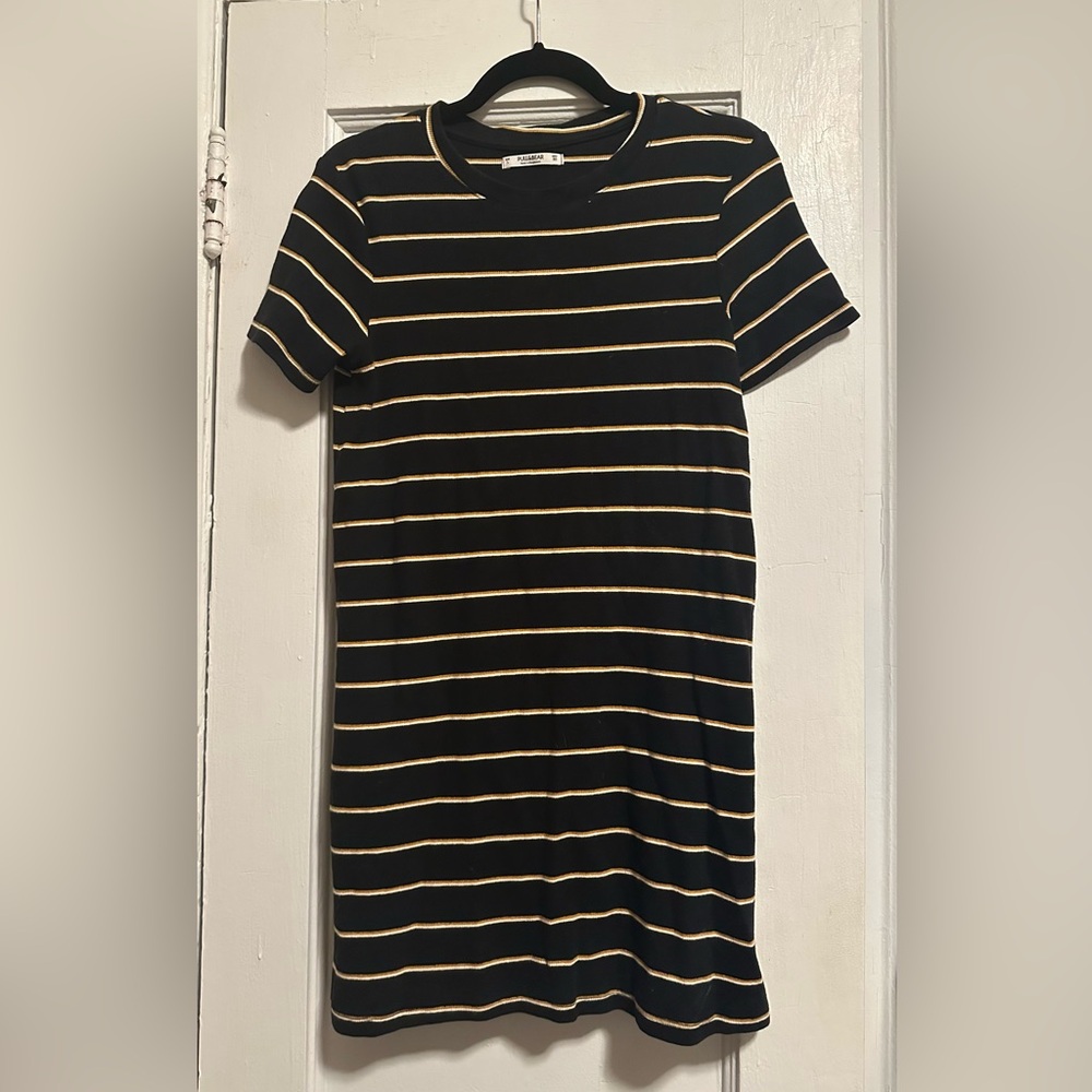 Pull&Bear Striped Black and Gold Women's Dress